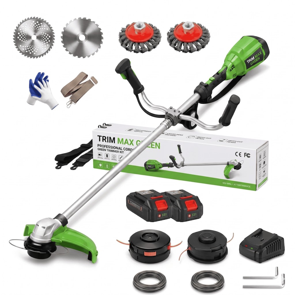 Trim Max Green — 4-in-1 battery grass trimmer with dual 60V battery and brushless motor
